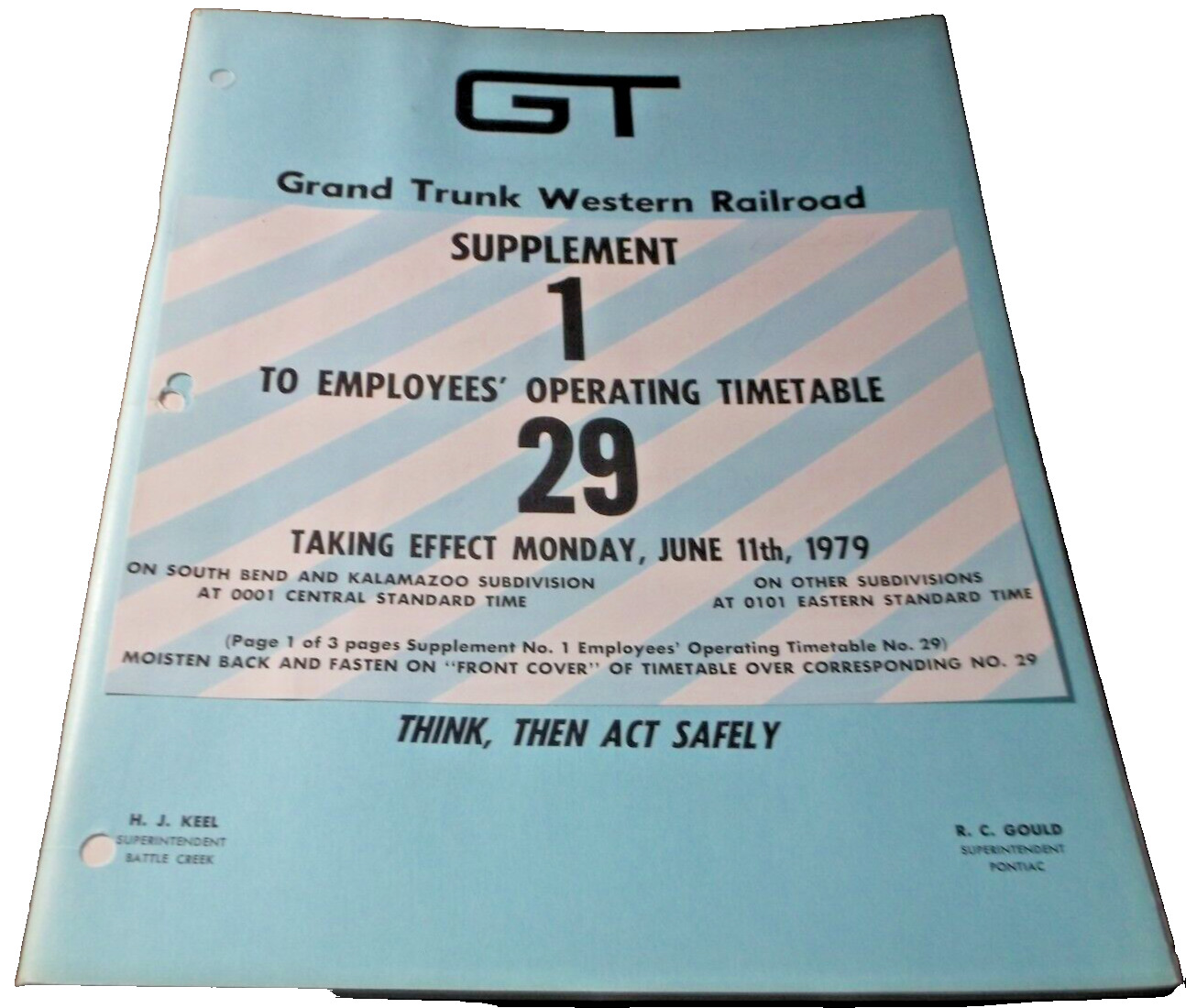 JUNE 1979 GRAND TRUNK WESTERN RAILROAD EMPLOYEE TIMETABLE #29 SUPPLEMENT #1