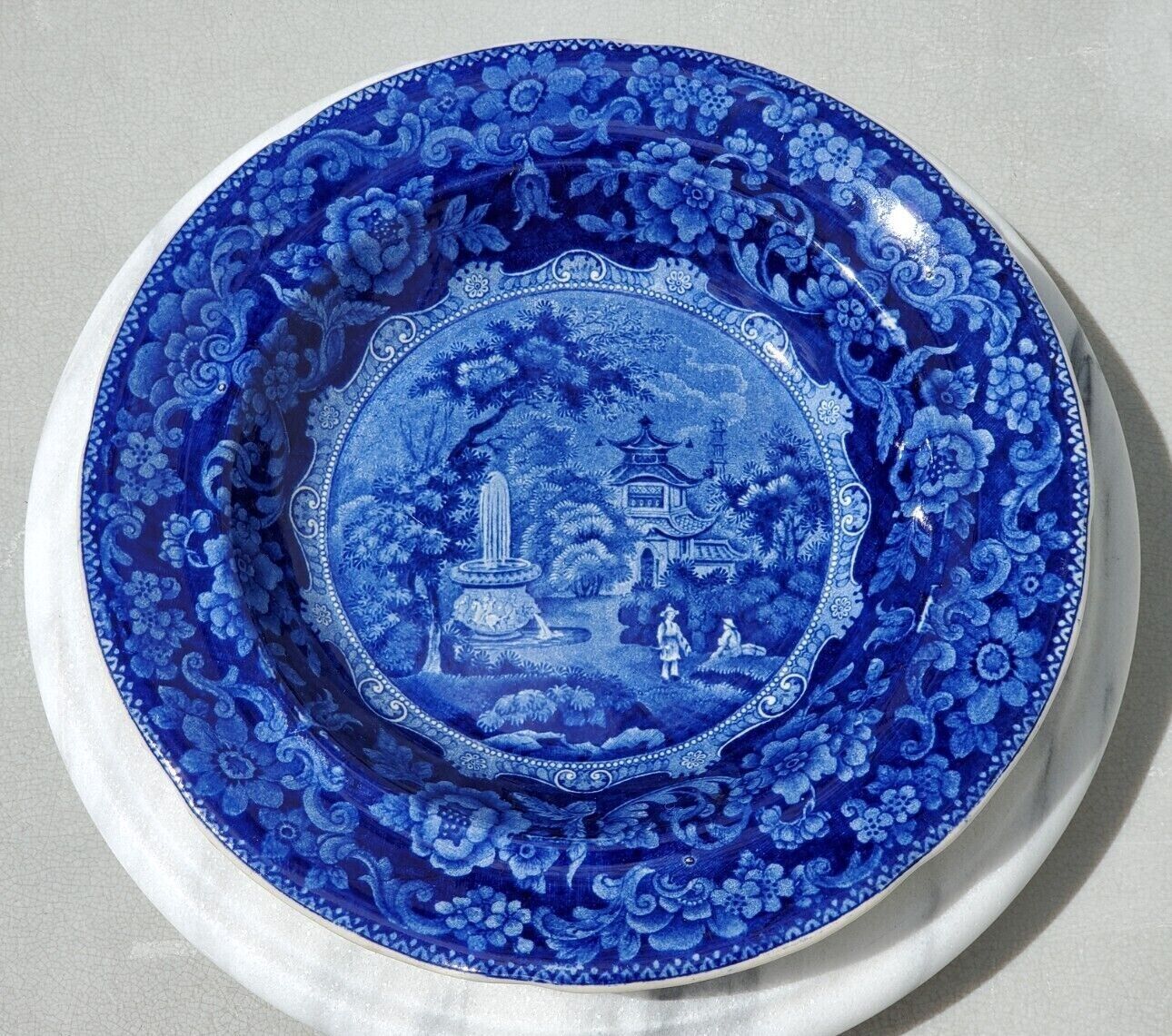 ANTIQUE JOSEPH HEATH CHINESE DARK BLUE TRANSFERWARE PLATE 1830 Chinoiserie
