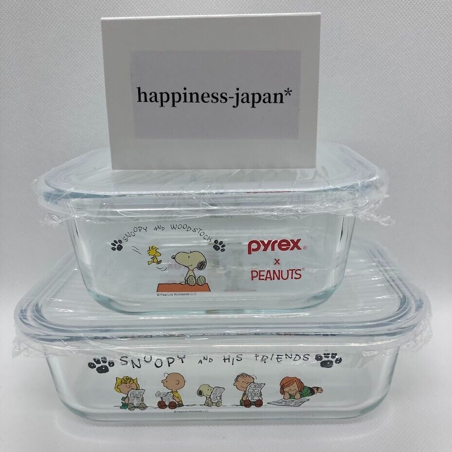 Pyrex Snoopy Glass Storage Case 2 Set Rectangle Heat Resistant Container Peanuts