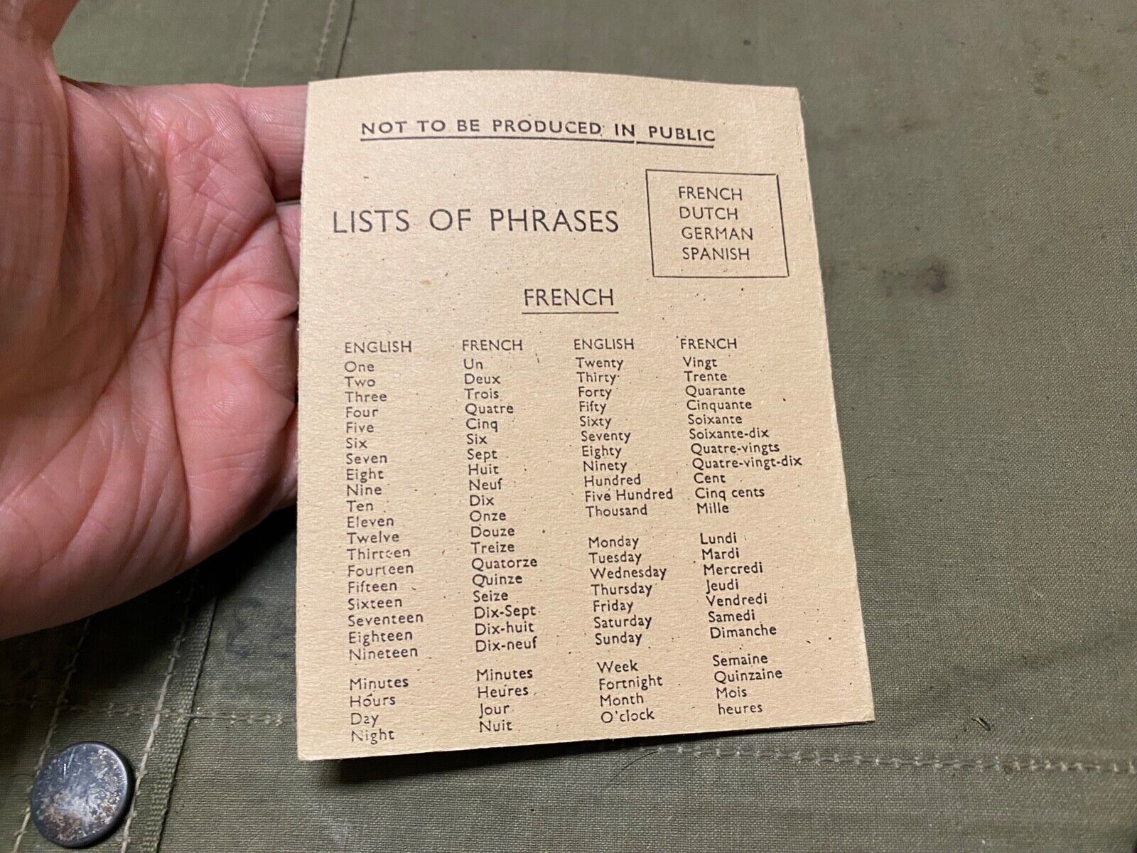 WWII US ARMY LIST OF PHRASES, GERMAN, DUTCH, SPANISH, FRENCH BOOKLET