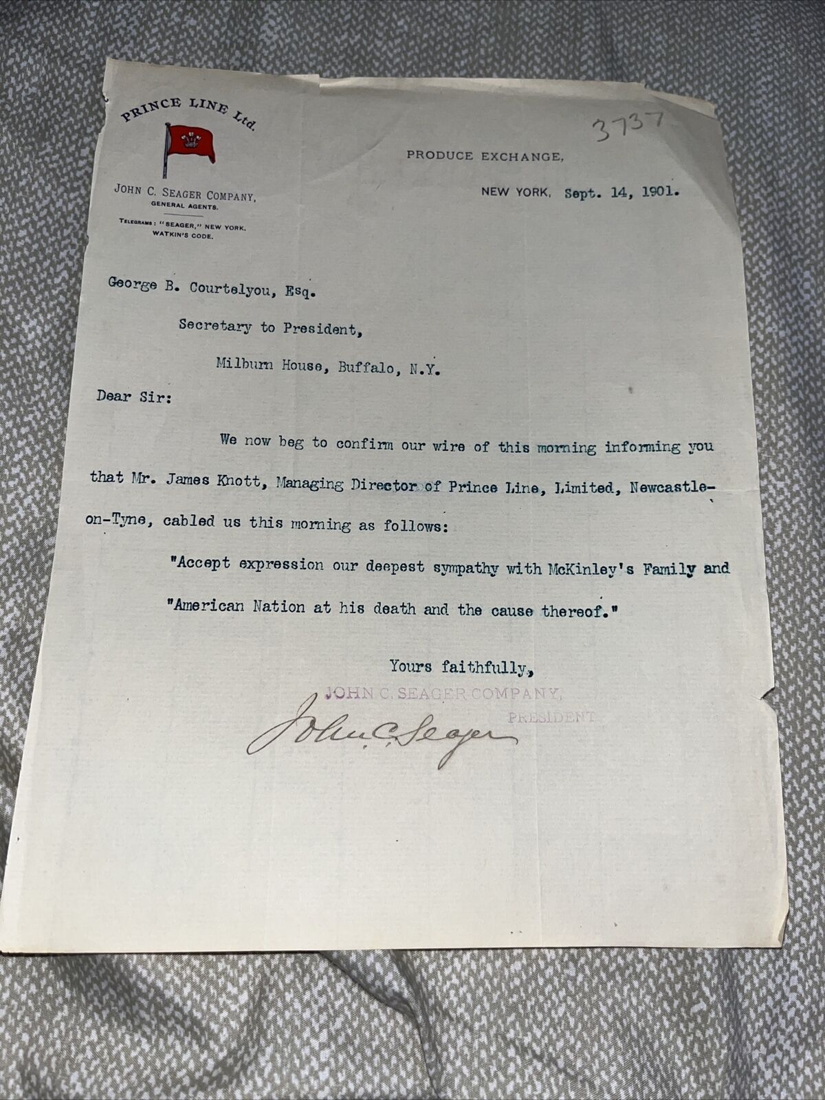 Antique Prince Line Newcastle-on-Tyne John Seager Letter: McKinley Assassination
