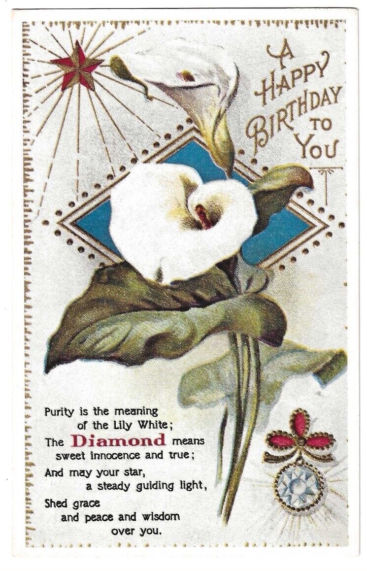 April Birthstone c1910 Diamond Gemstone, Happy Birthday To You, lily flower