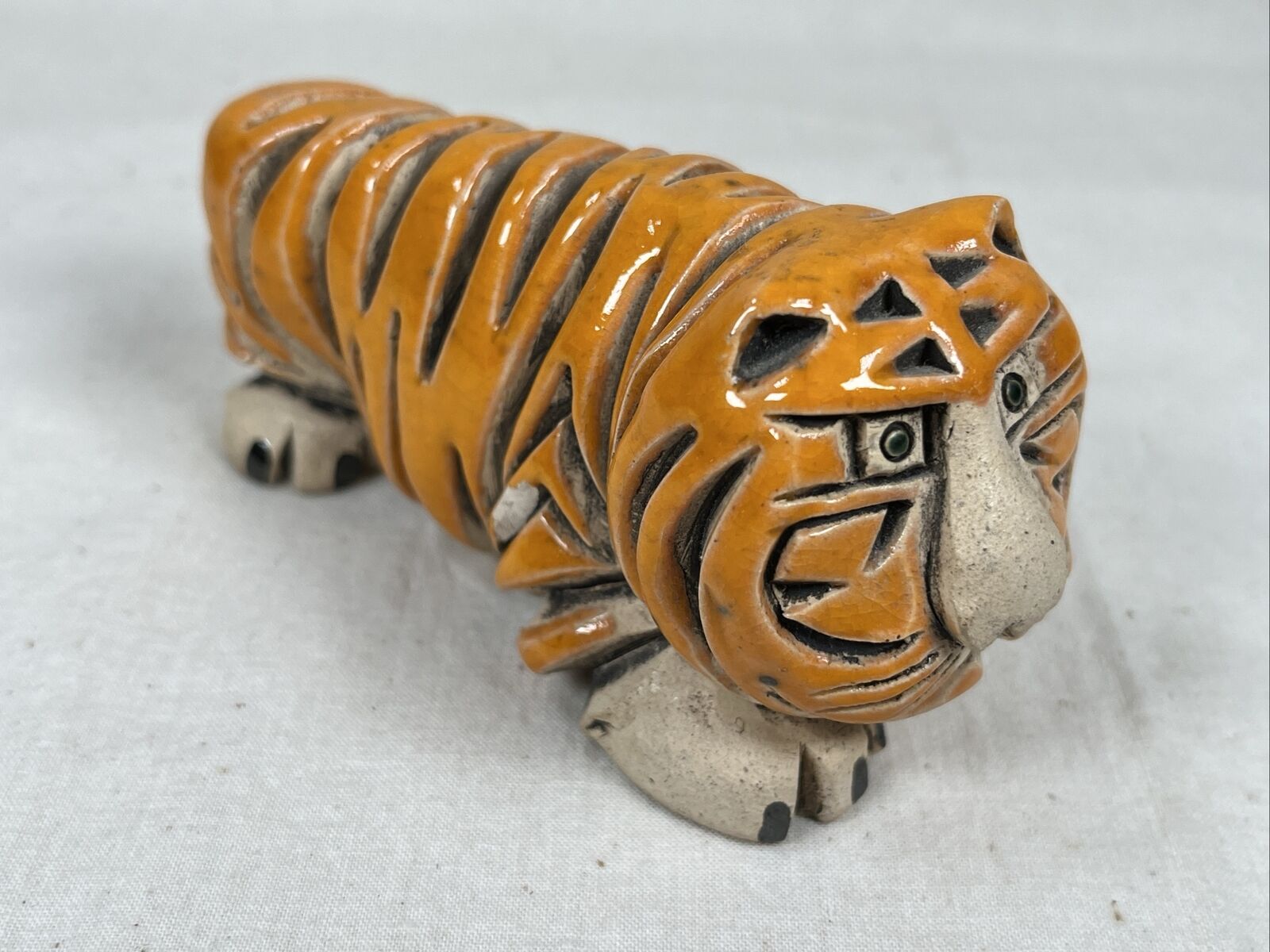 Vintage Artesania Rinconada Tiger Figurine Uruguay Signed Orange Cat Pottery