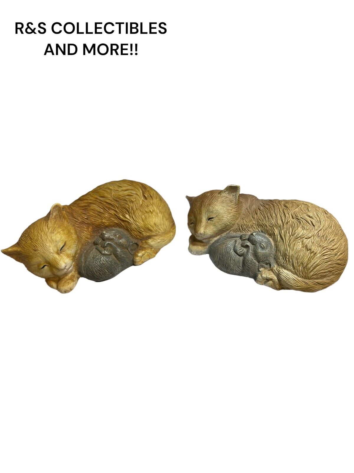 2 Vintage Cat and Mouse Figurine Curled Up Sleeping Resin Figurine, 5”L X 2”T