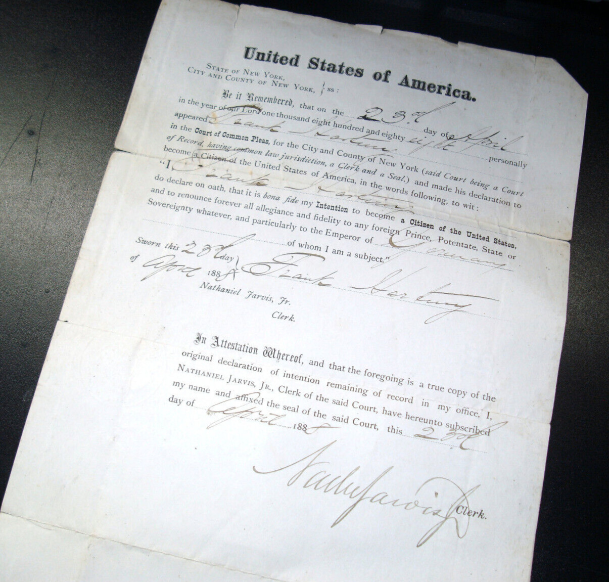 RARE 1888 Document for Citizen of the United States / New York