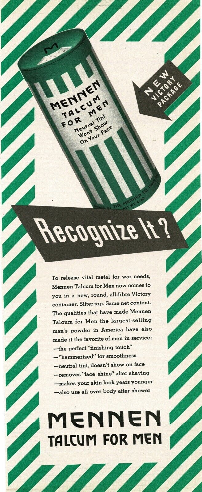 1943 MENNEN Talcum Powder in Cardboard tube WWII rationing Vintage Print Ad