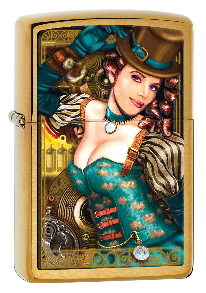 Zippo Lady. Industrial Machinery. Steampunk, Top Hat. Brass, Lighter 28321 *NEW*