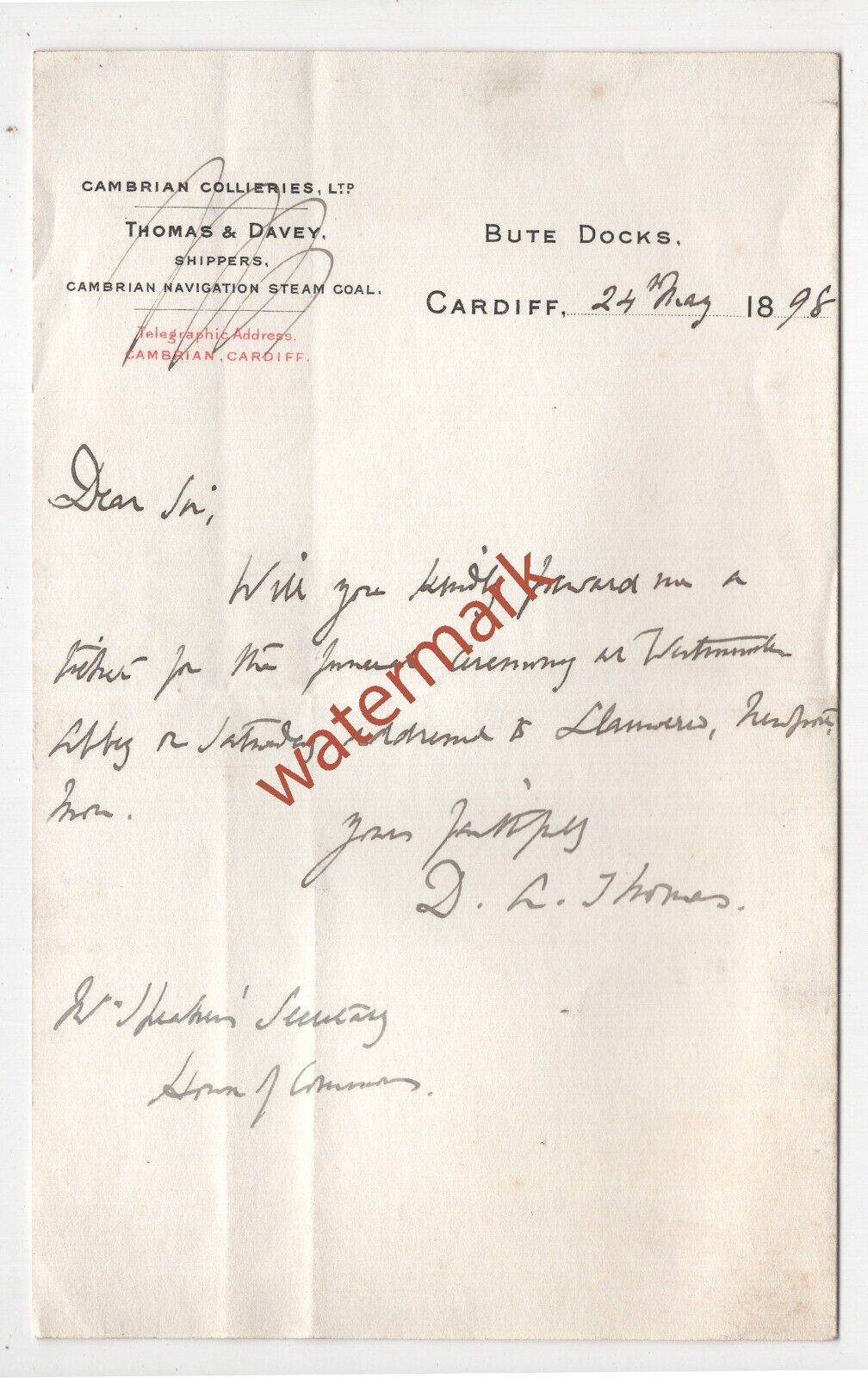 1st Viscount Rhondda, Welsh politician & industrialist, letter, 1898