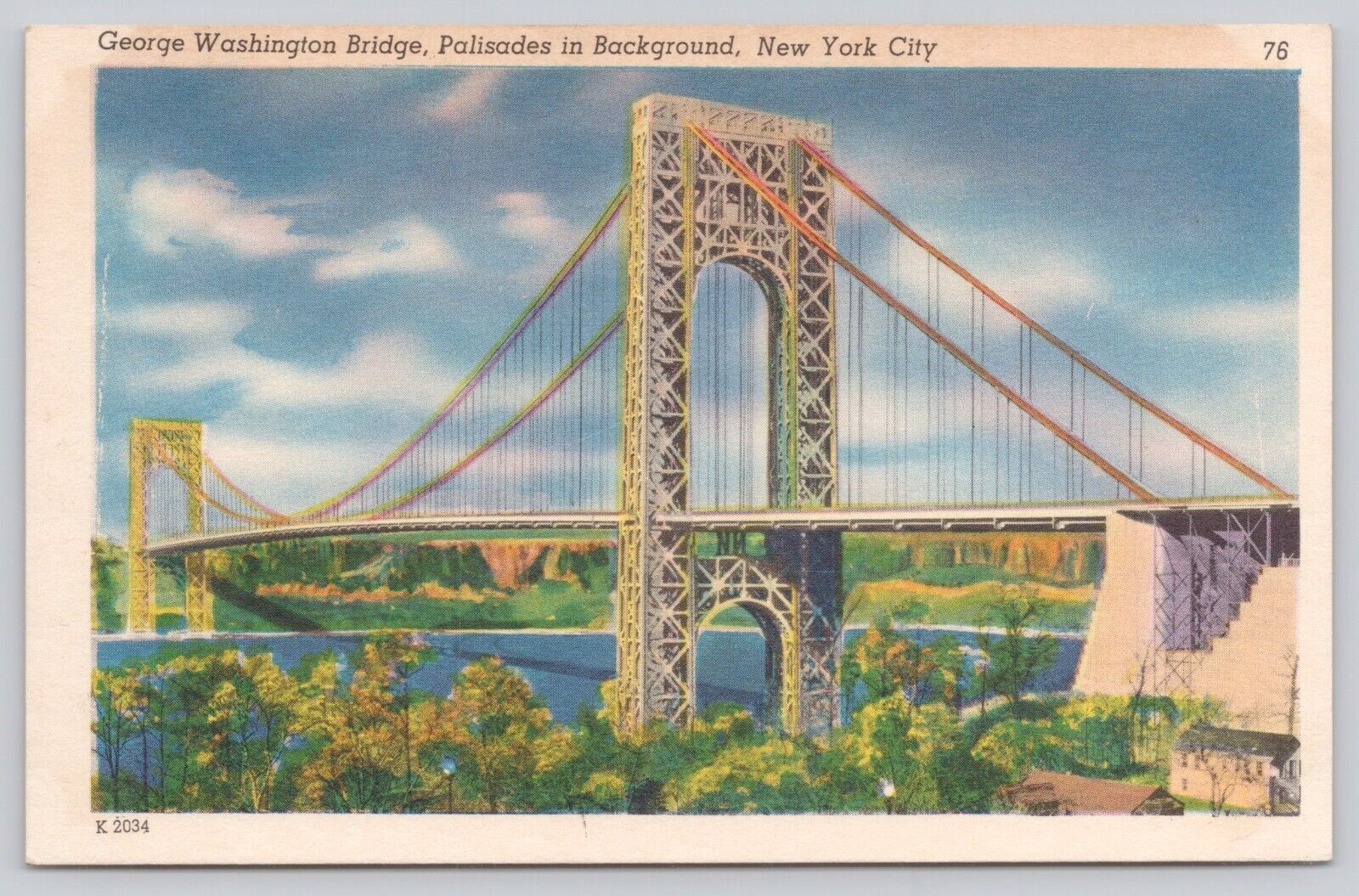 Postcard George Washington Bridge Palisades background  New York City UNP *a7