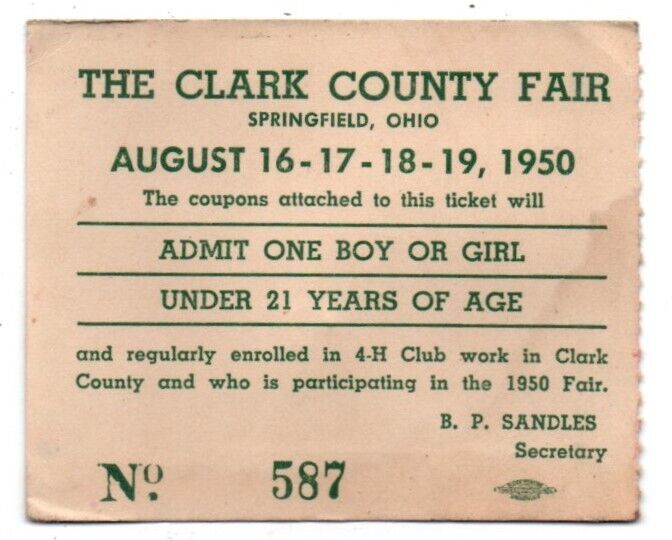 M4 OH Ohio Springfield Clark County Fair 1950 4-H Member Ticket