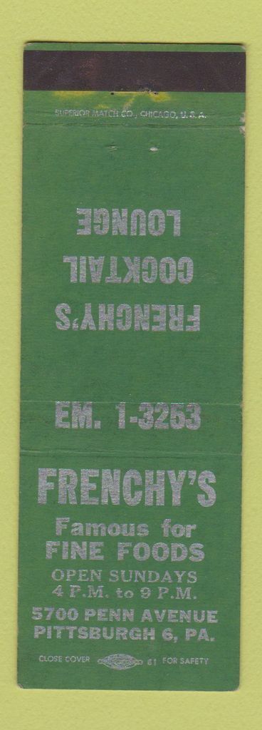 Matchbook Cover - Frenchy\'s Restaurant Pittsburgh PA GREEN