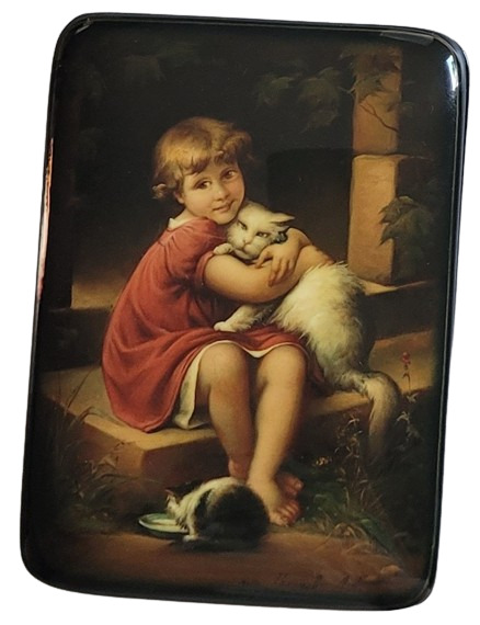Vintage Russian Lacquer Box Hand Painted Girl With Cats Signed HTF