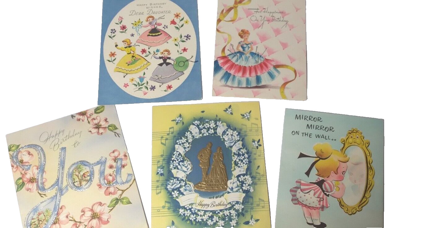 Lot Of 5 Vintage Birthday Greeting Cards Glitter Cut Outs  Charm Craft Artistic 