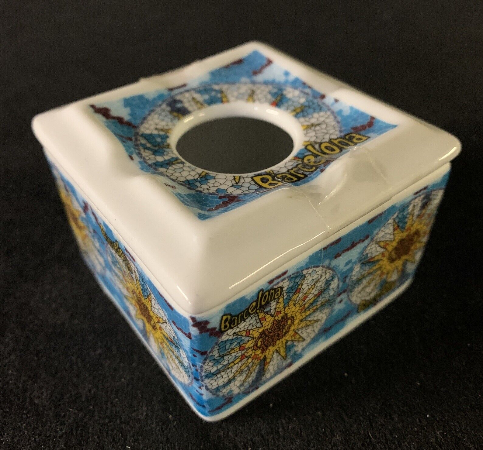 Vintage Porcelain Ashtray with Lid - Barcelona Spain With Mosaic Design.
