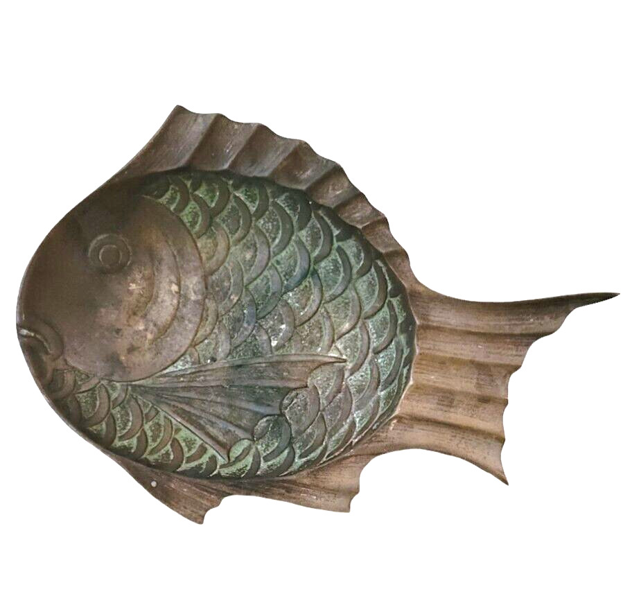 Vtg Mid-century Modern Solid Brass Fish Trinket Holder Dish Ashtray Nice Patina