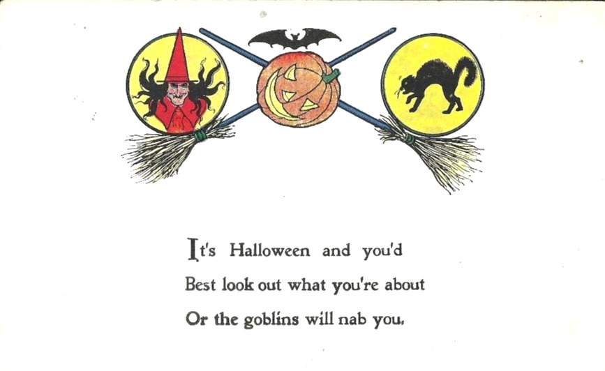1912 Halloween Postcard Ghost Limerick 1912 Witch Cat Bat JOL Gibson Art GA17