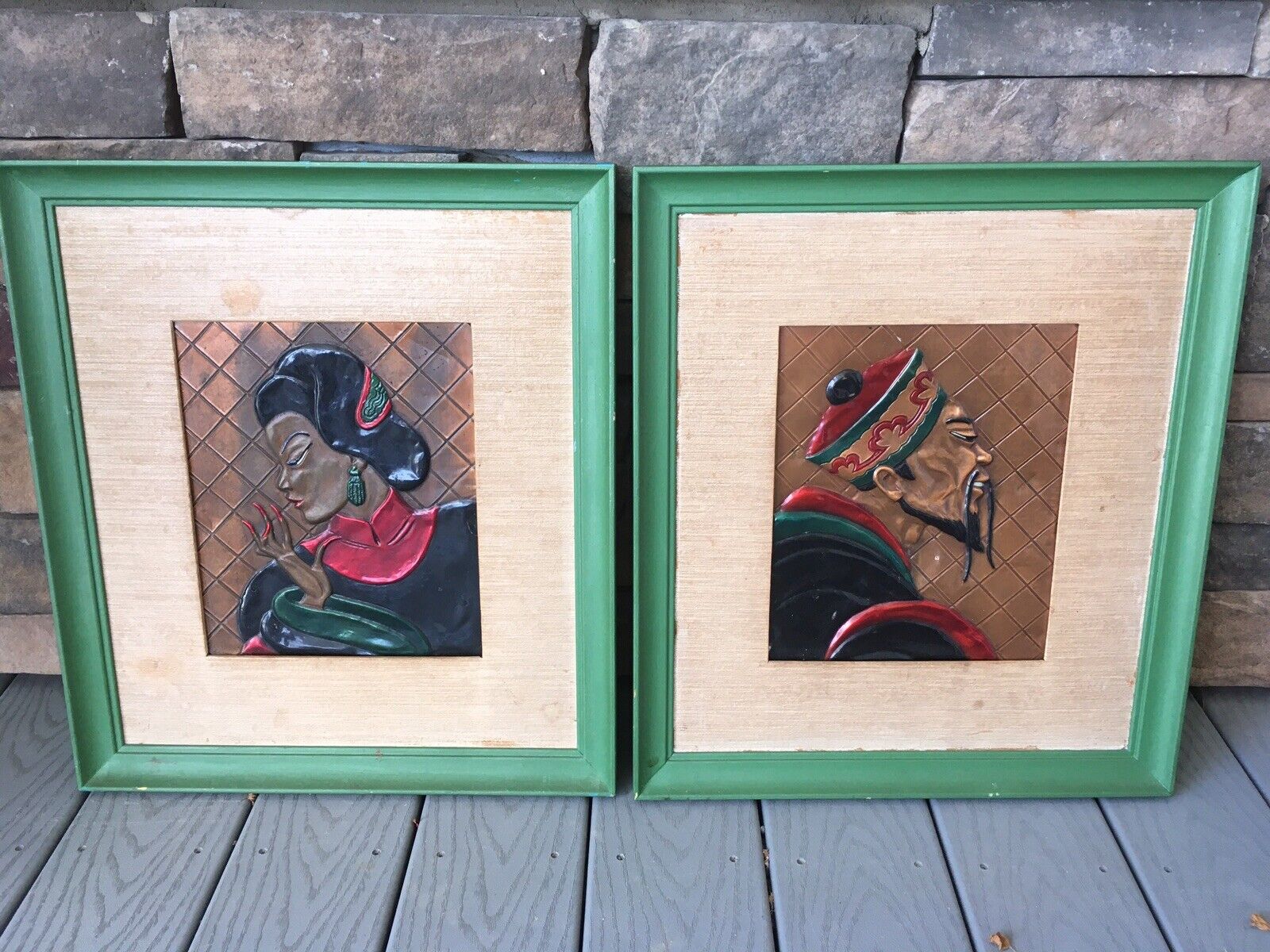 Coppercraft Of Hollywood Vtg 40s Hand Painted Oriental Framed Raised Relief Art