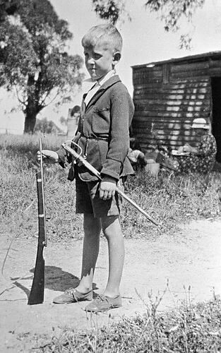 Greensborough Victoria 1933 boy with a toy sword and rifle OLD PHOTO
