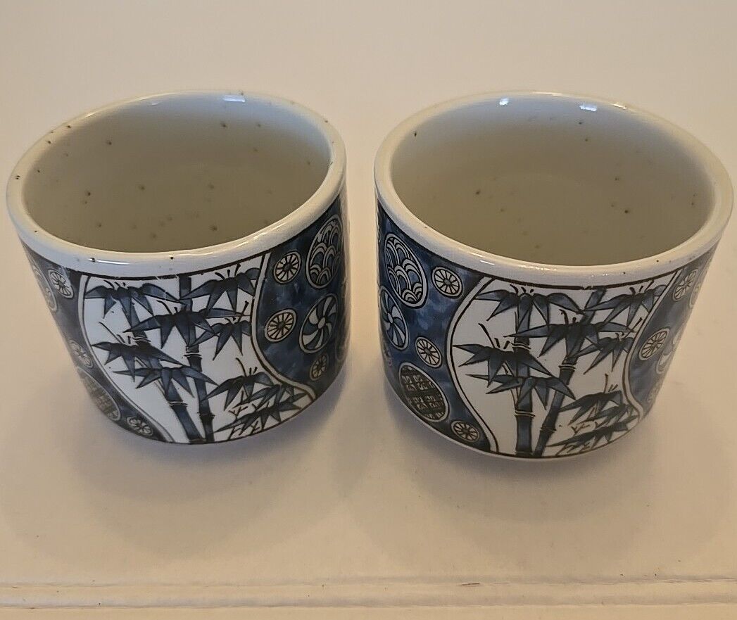 Vintage Blue & Beige Ceramic Japanese Tea or Sake Cups. Set Of 2 Bamboo Floral