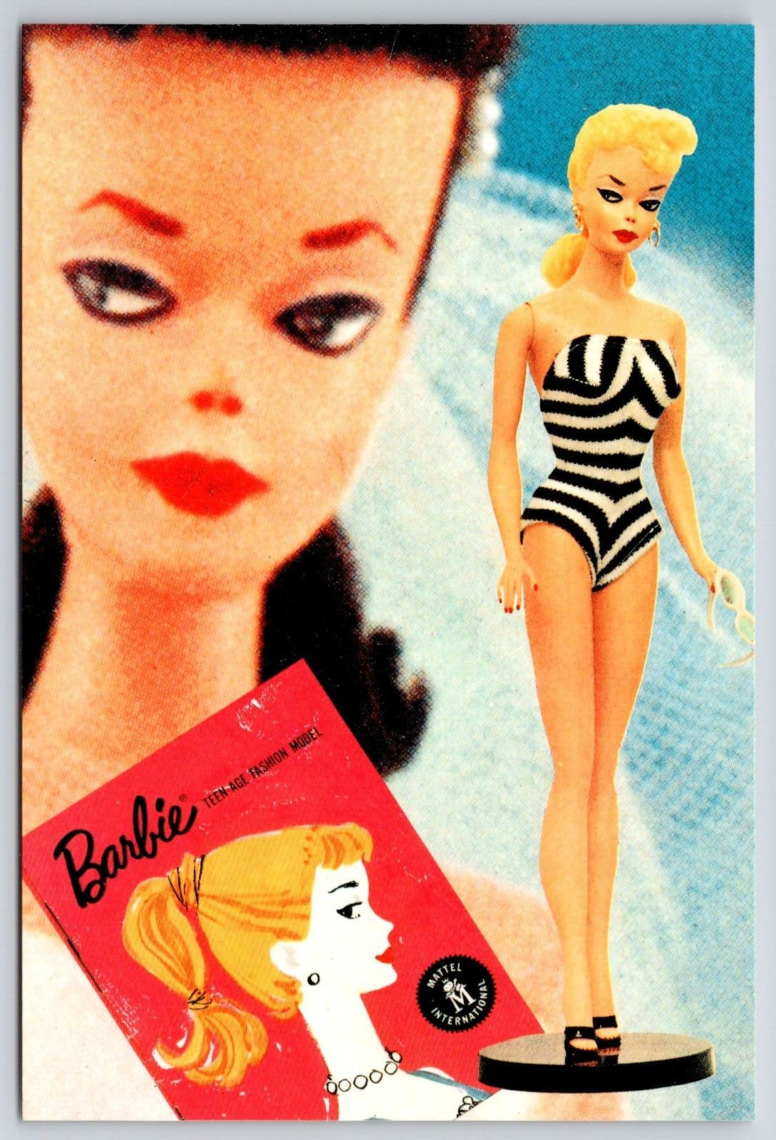 Nostalgic Original Barbie 1959 Doll Postcard Black White Stripe Bathing Swimsuit