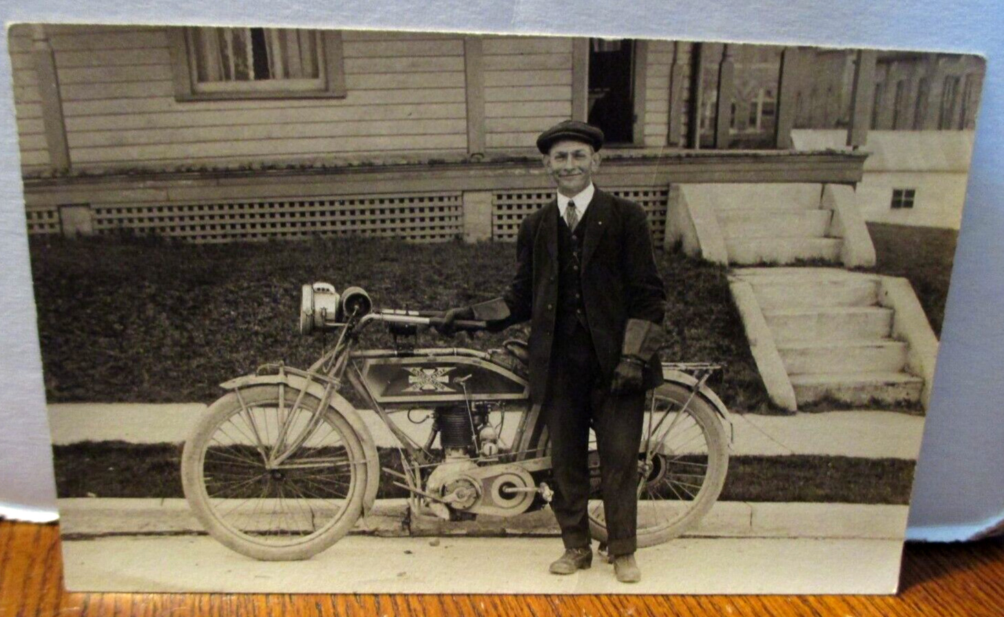 1910 ERA- REAL PHOTO MOTORCYCLE POSTCARD- EXCELSIOR AUTO CYCLE-ANTIQUE-RPPC