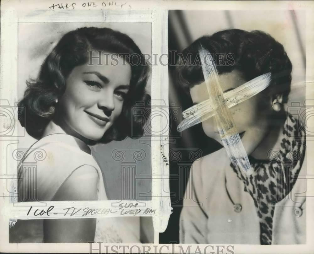 1956 Press Photo Actors Lauren Bacall & Claudette Colbert pose for each photo