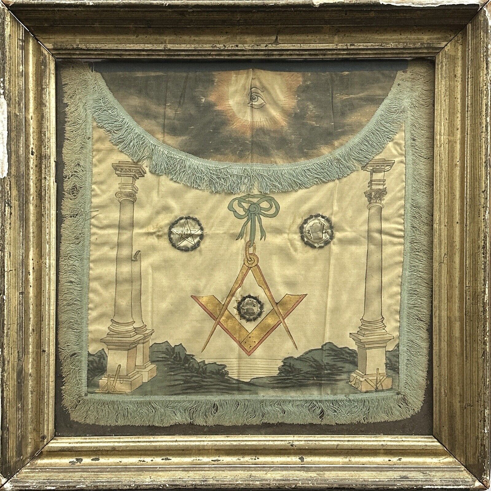 Antique 18th Century Hand Painted Silk Masonic Apron, Framed