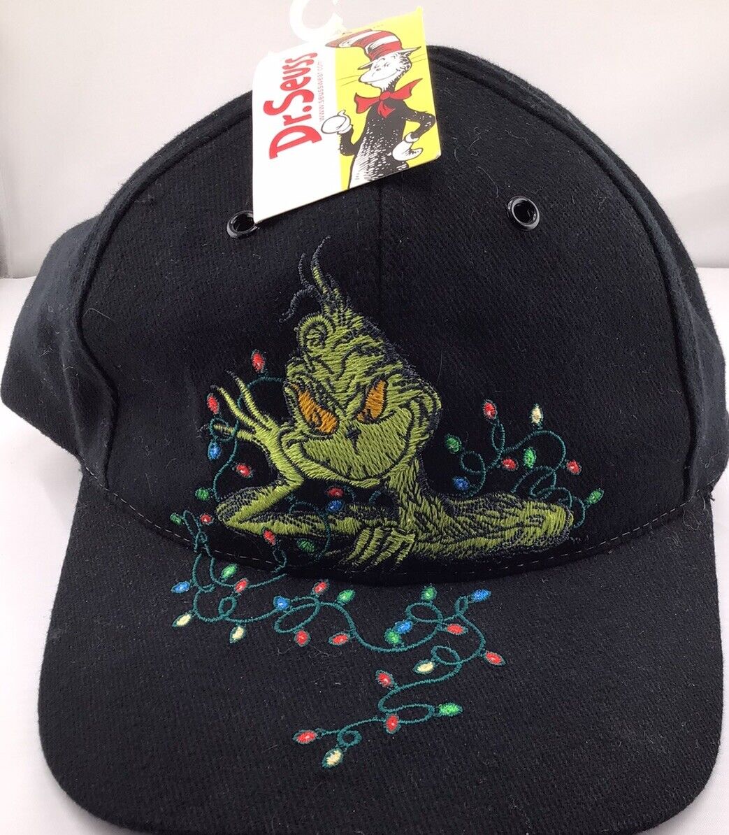 1997 Dr. Seuss Embroidered GRINCH Christmas Black Cap NWT Adjustable
