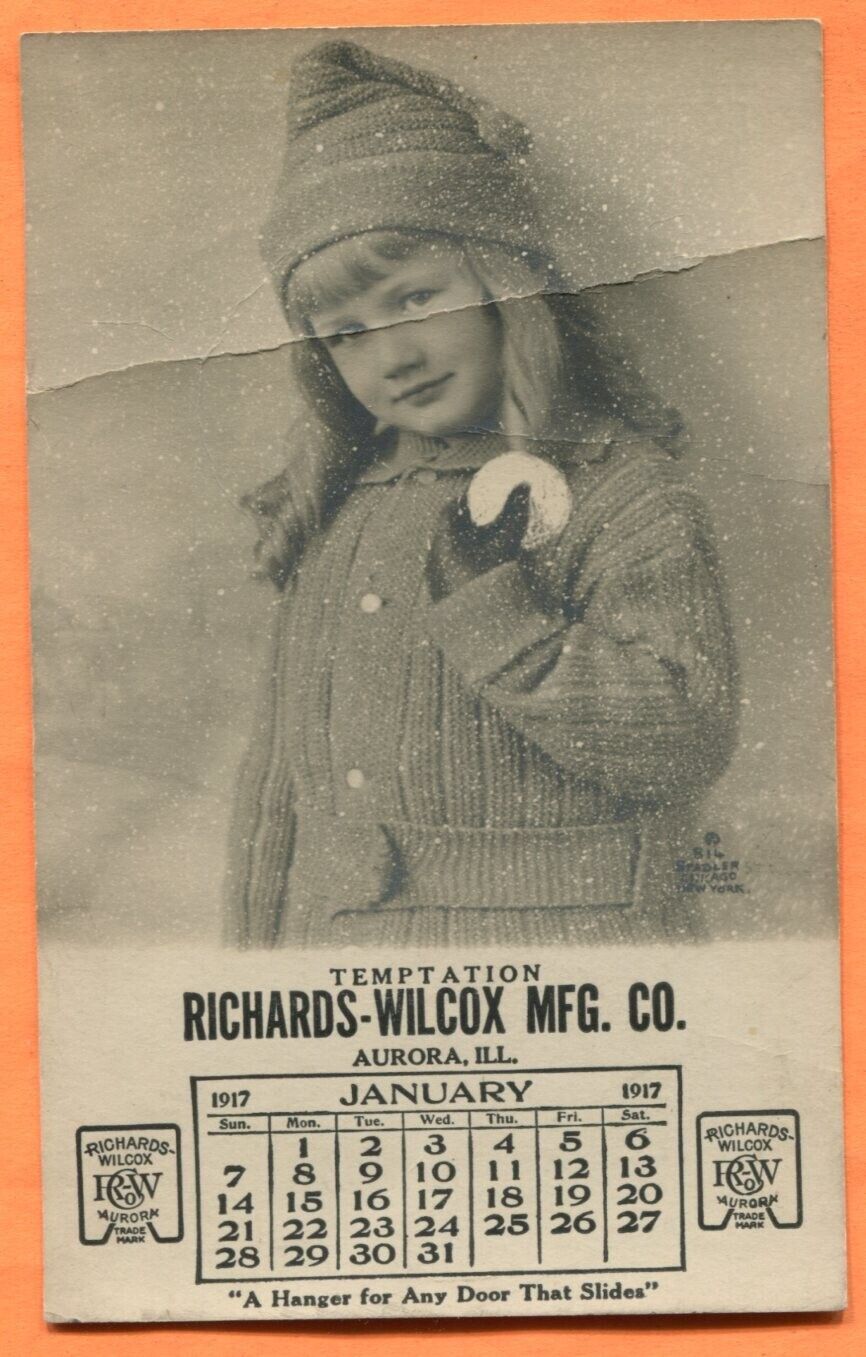 Aurora, IL, Richards-Wilcox Mfg. Co. Jan. 1917 Calendar Card with Ad on Back