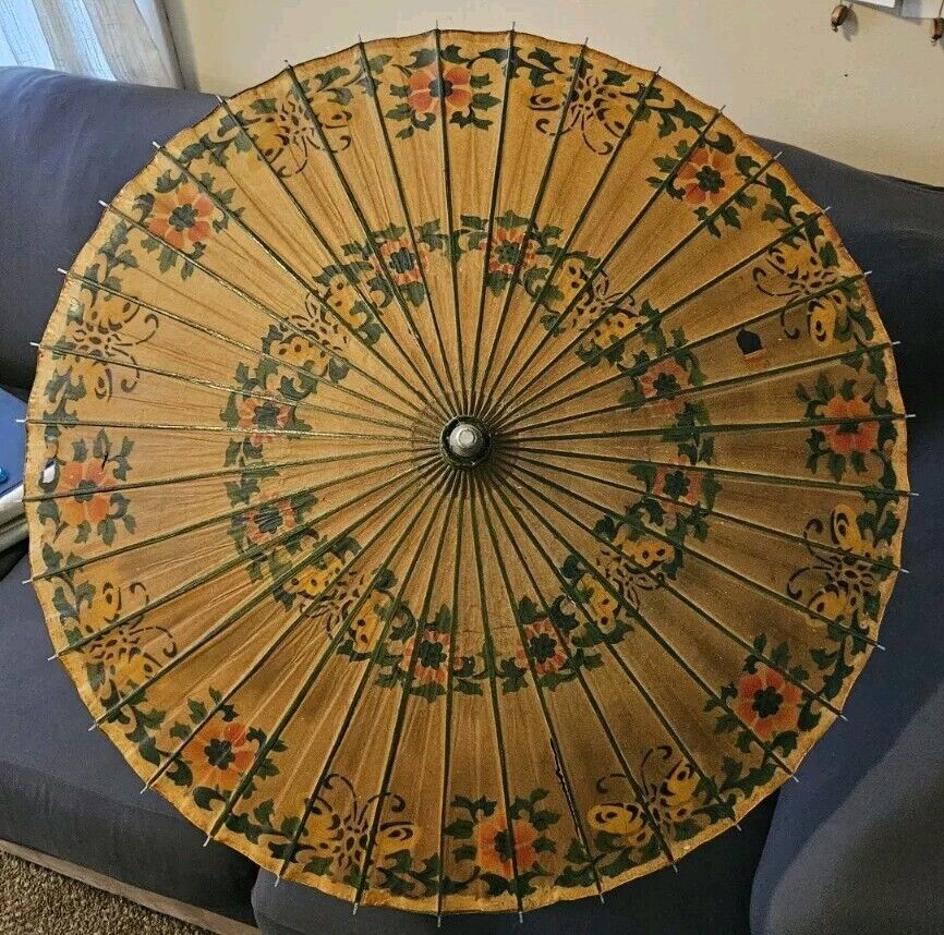 Vintage Asian Rice Paper Bamboo Parasol Umbrella Hand Painted 32\