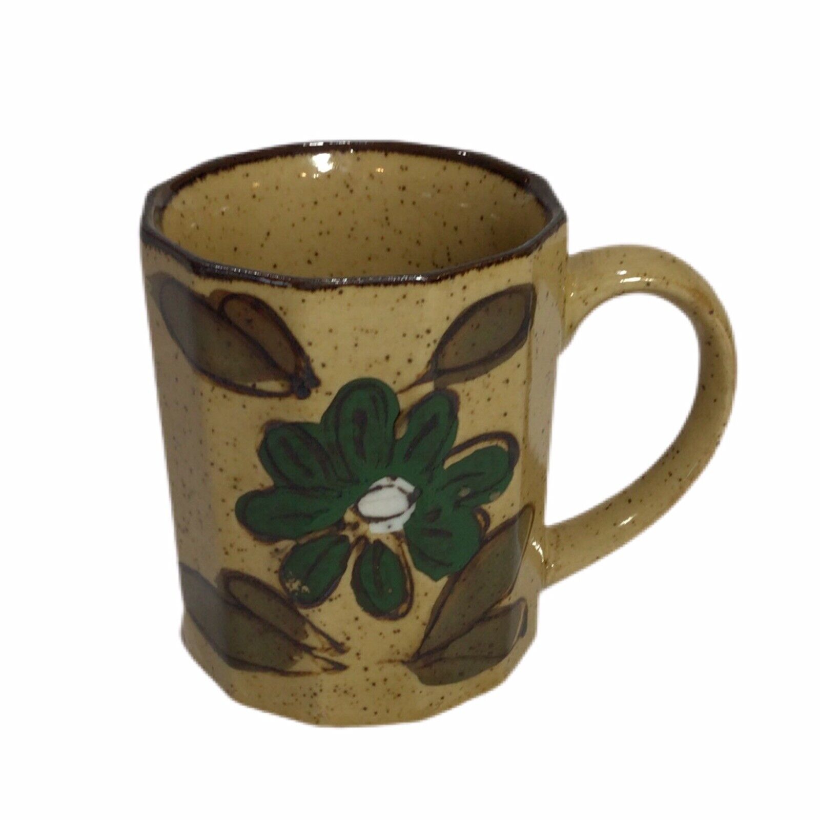 VTG 70s Otagiri Style Japan Speckled Stoneware Boho Green Flower Coffee Cup Mug 