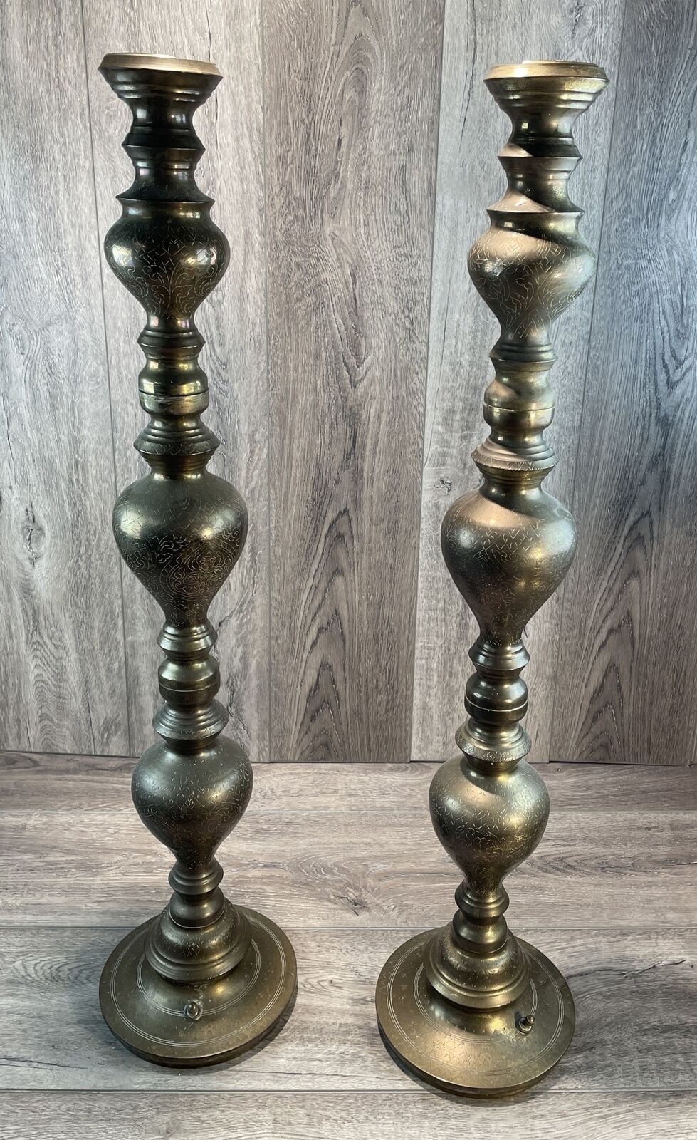 Etched Pair  Brass Floor  Candlesticks Altar Prayer Candle Holders 30 Inch Tall