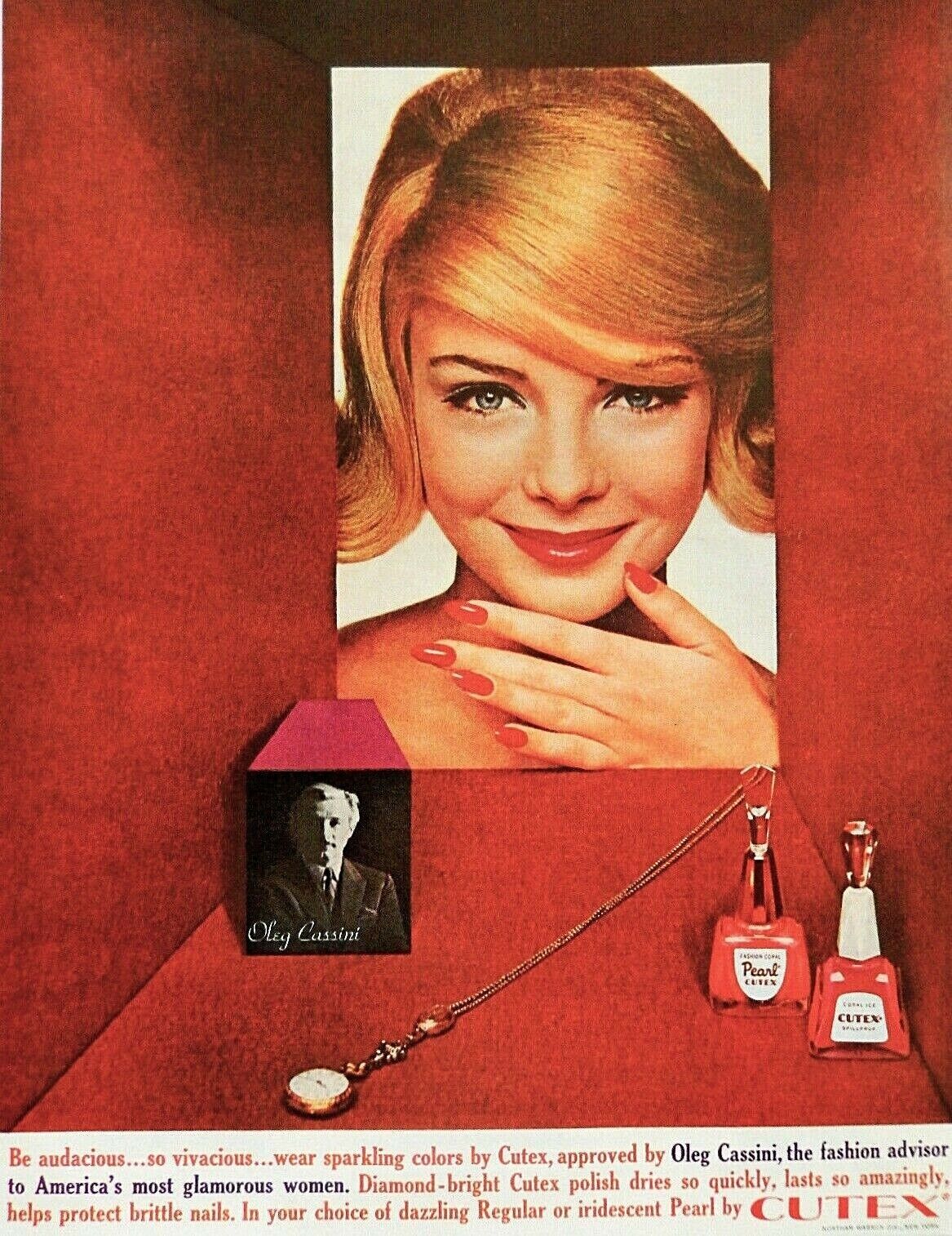 Oleg Cassini Cutex nail polish ad vintage 1962 original advertisement 13x10\