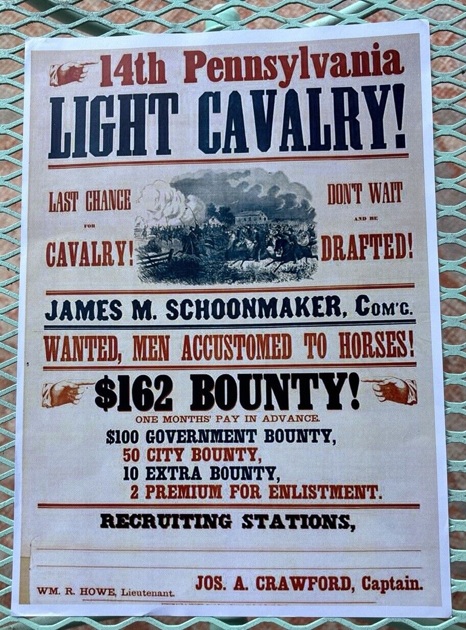 14th Pennsylvania Light Cavalry Recruiting Poster 8” X 12”