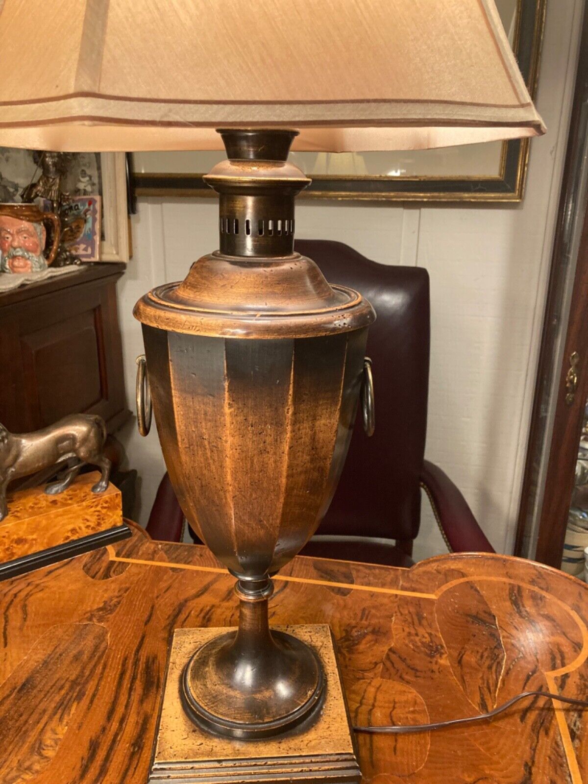 Vintage Frederick Cooper Wood Urn Table Lamp- Brass Ring Handles- Metal Feet-