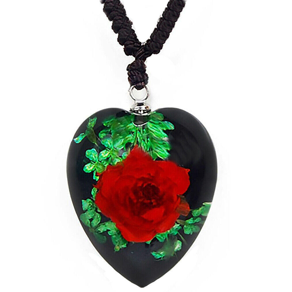 Flower real preserved black red green rose HEART necklace FN2