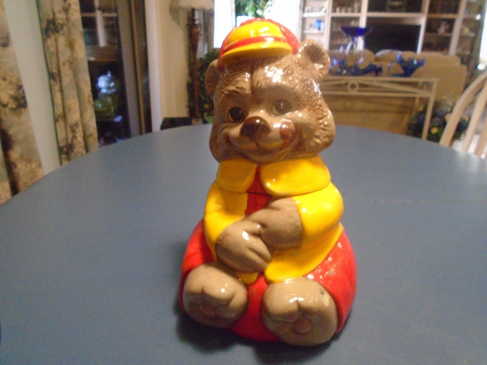 Cute Teddy Bear Dressed in Bright Red and Yellow Ceramic Cookie Jar