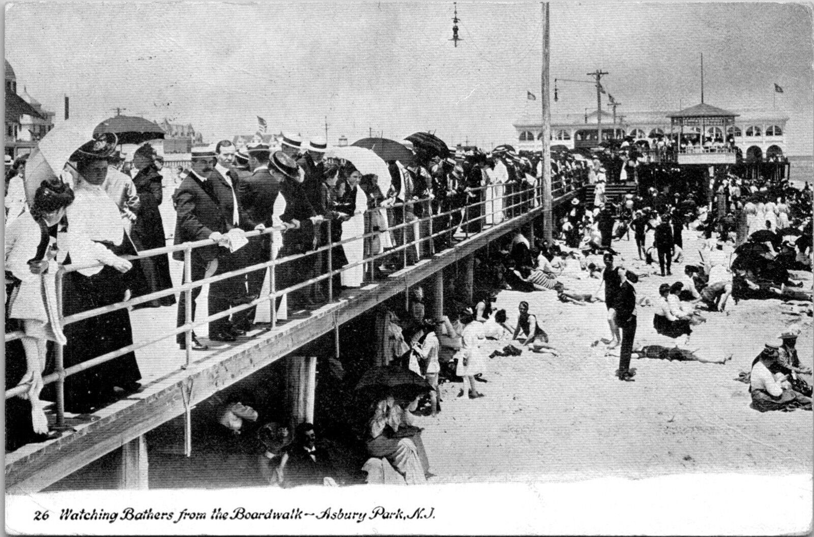 Asbury Park NJ Watching Bathers From Boardwalk Umbrellas c1910s postcard JP9