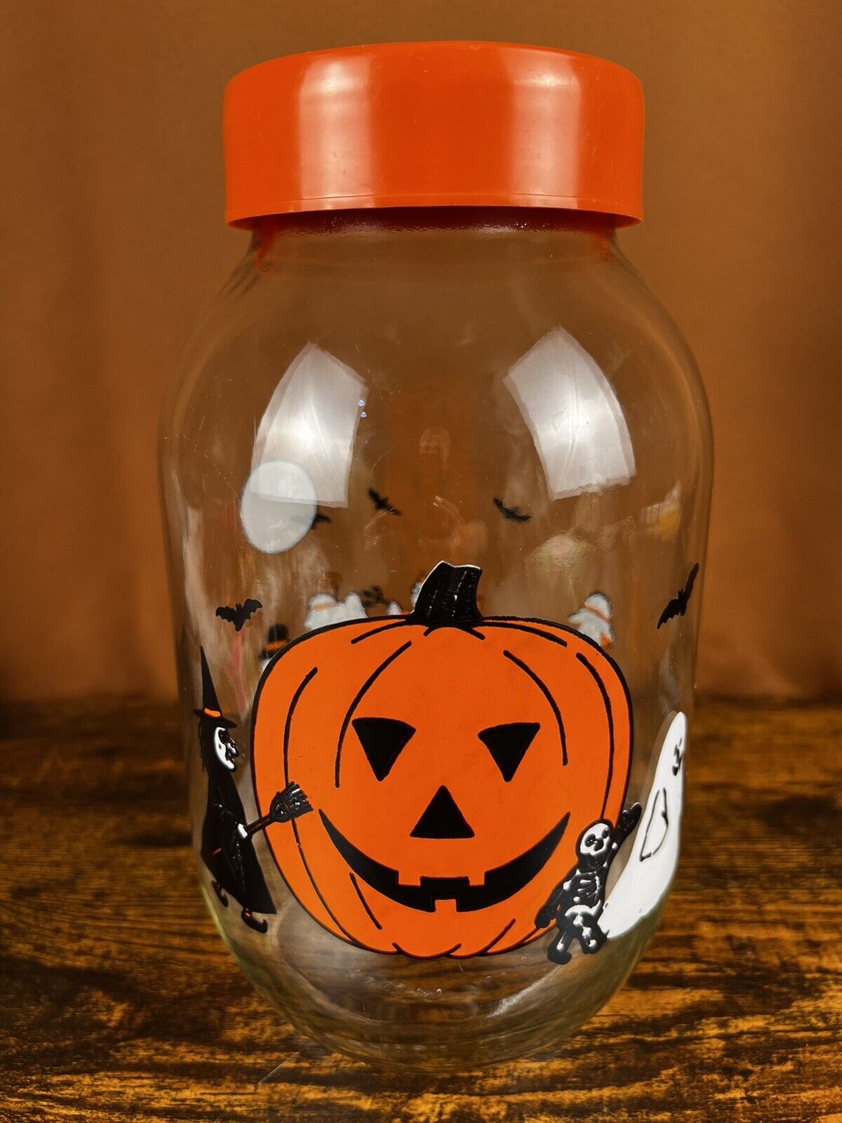 Vintage Carlton Halloween 3 L Glass Candy Jar Ghost Skeleton Witch USA Made