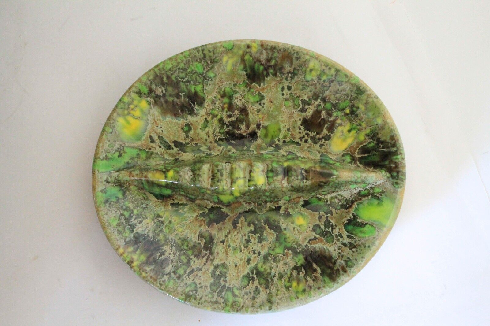 Mid Century Ceramic Green & Yellow Retro Ashtray or Trinket Tray