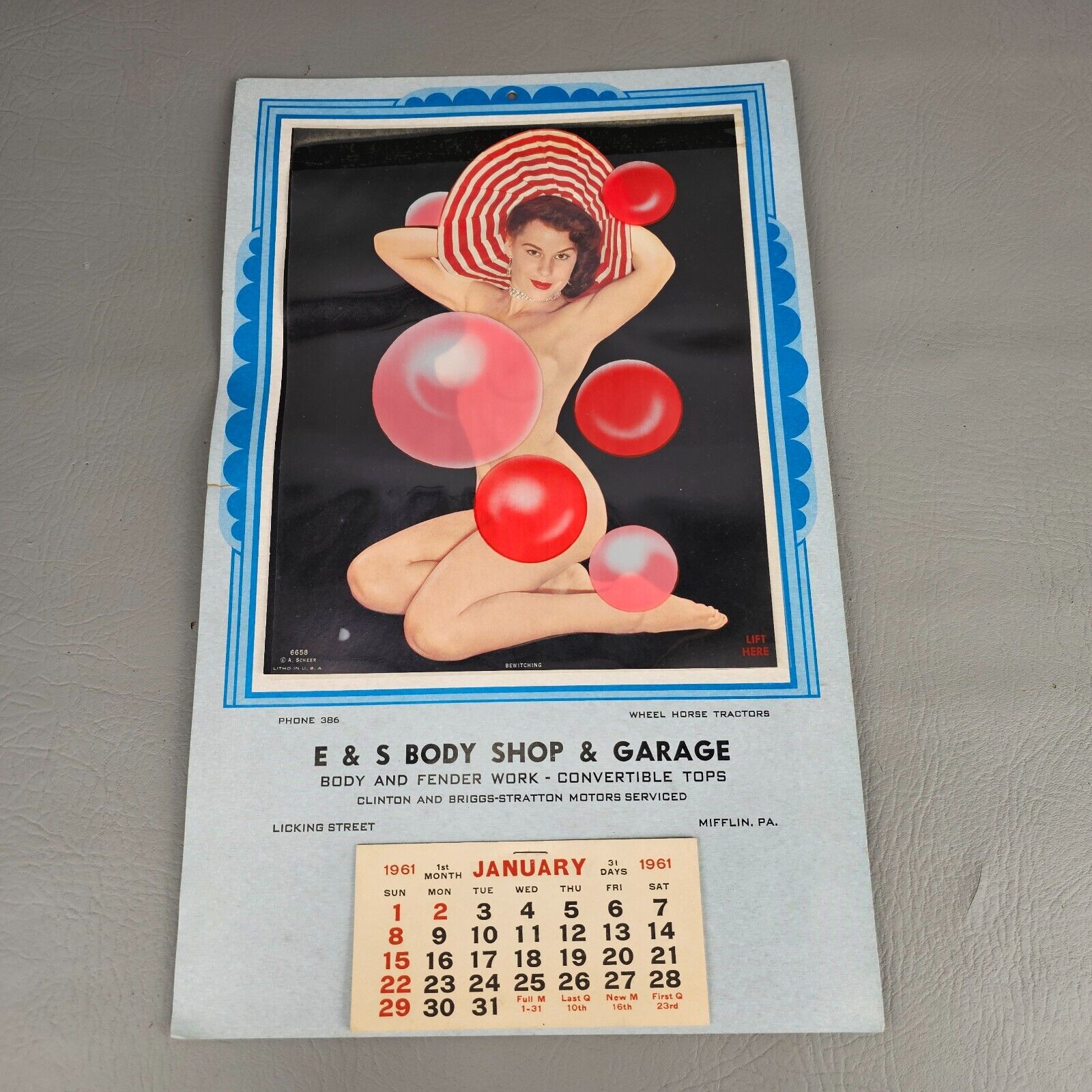 Vintage 1961 Litho Pin-Up Calendar Body Shop Garage PA Risqué Brunette Lift-up