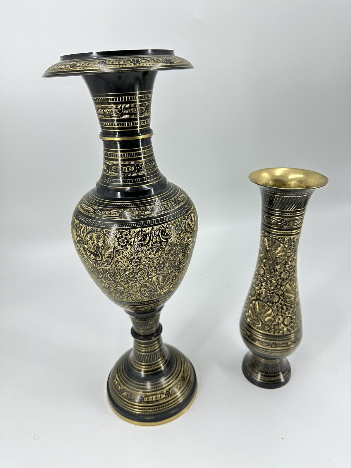 Large 16” & 11” Hand Crafted Ornate Floral & Birds Engraved Brass Vase