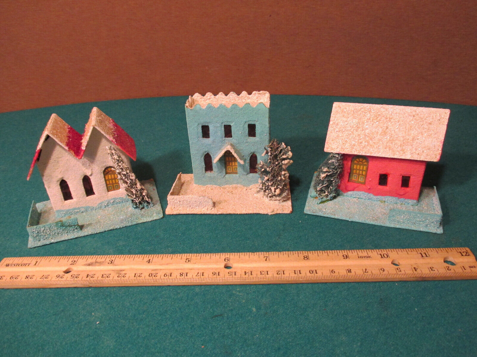 3 Vintage Putz Japan Cardboard Paper Mache Glitter Christmas Houses.