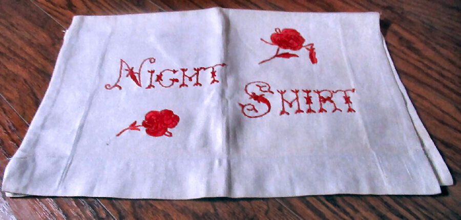 Vintage Night Shirt Bag Hand Embroidered Redwork Lingerie Folder