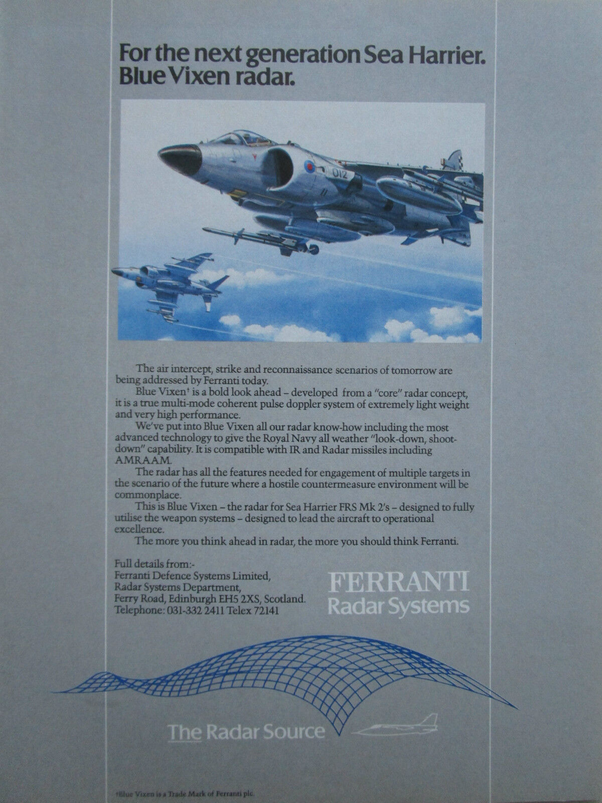 11/1986 PUB FERRANTI DEFENSE SYSTEMS RADAR BLUE VIXEN SEA HARRIER ORIGINAL AD