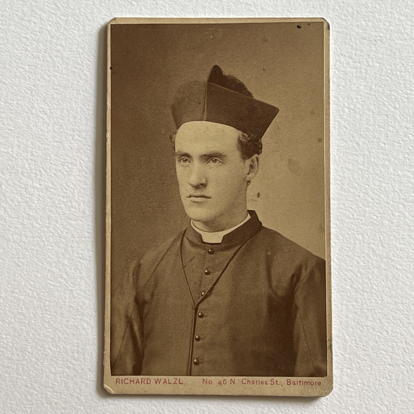 Antique CDV Photograph Young Priest Gaelic Note On Back Signed ID Baltimore MD