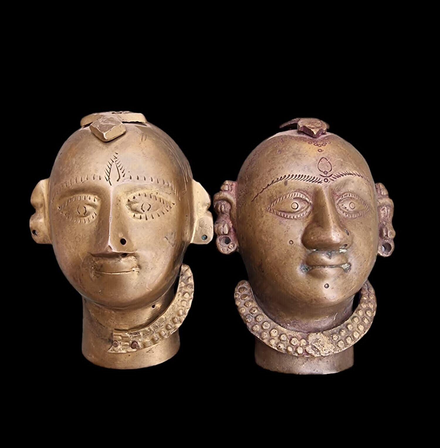 1900's Old Vintage Antique Brass Fine Engraved Hindu Goddess Maa Gauri Head Face