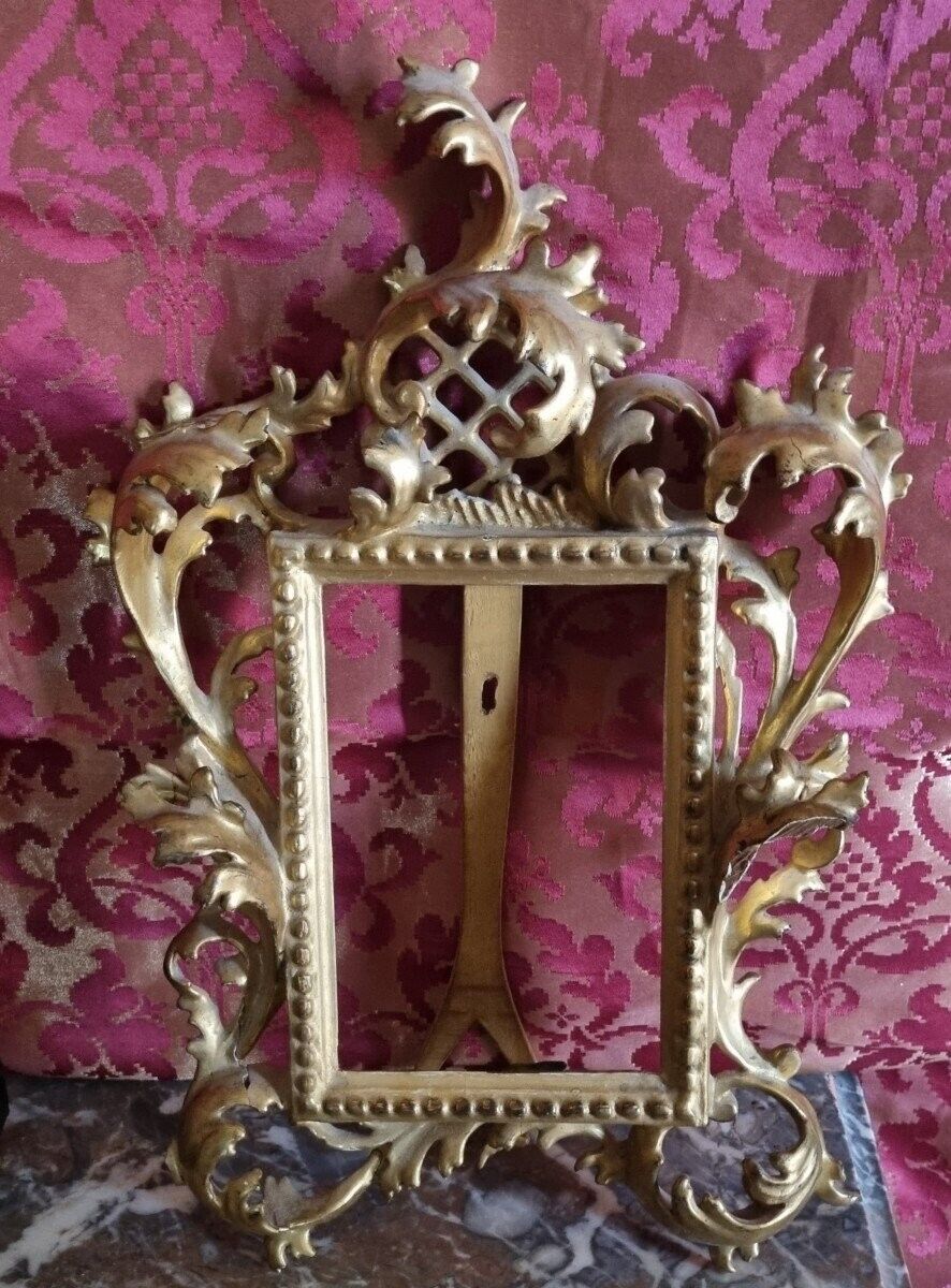 Antique Hand Carved Small Baroque-Style Golden Wood Photo Frame Picture Holder