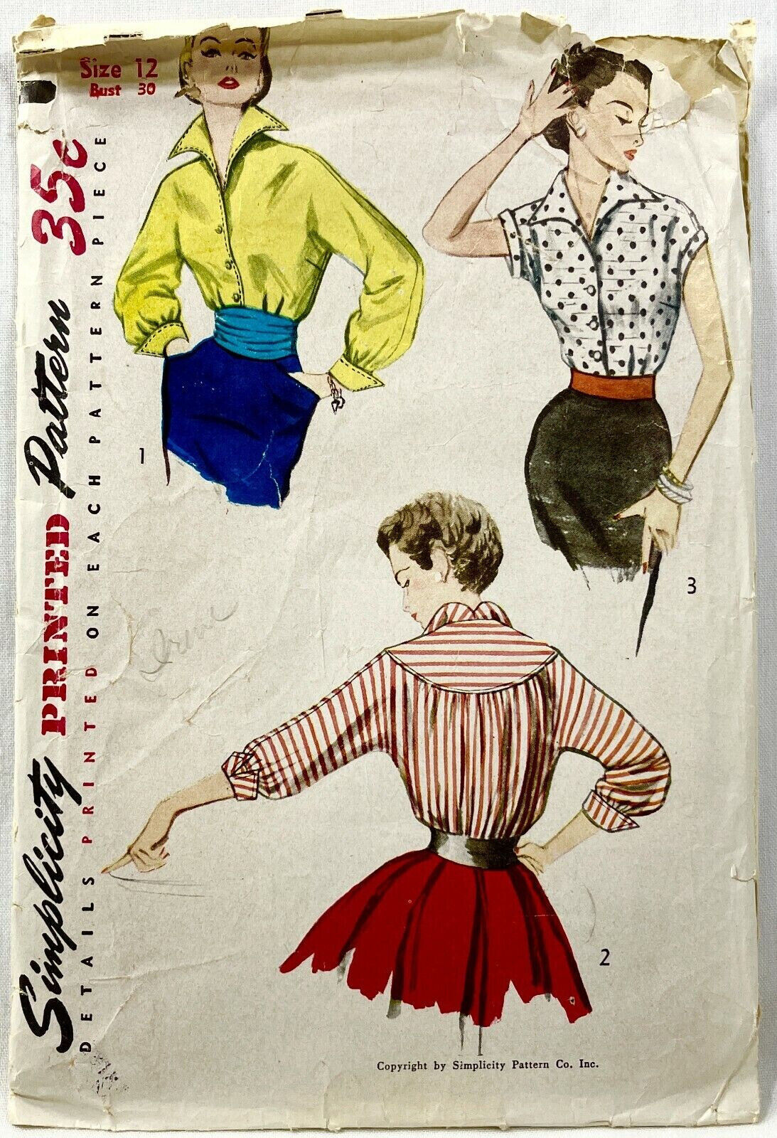 1953 Simplicity Sewing Pattern 4237 Womens Blouse+Cummerbund 3 Sleeves 12 11415