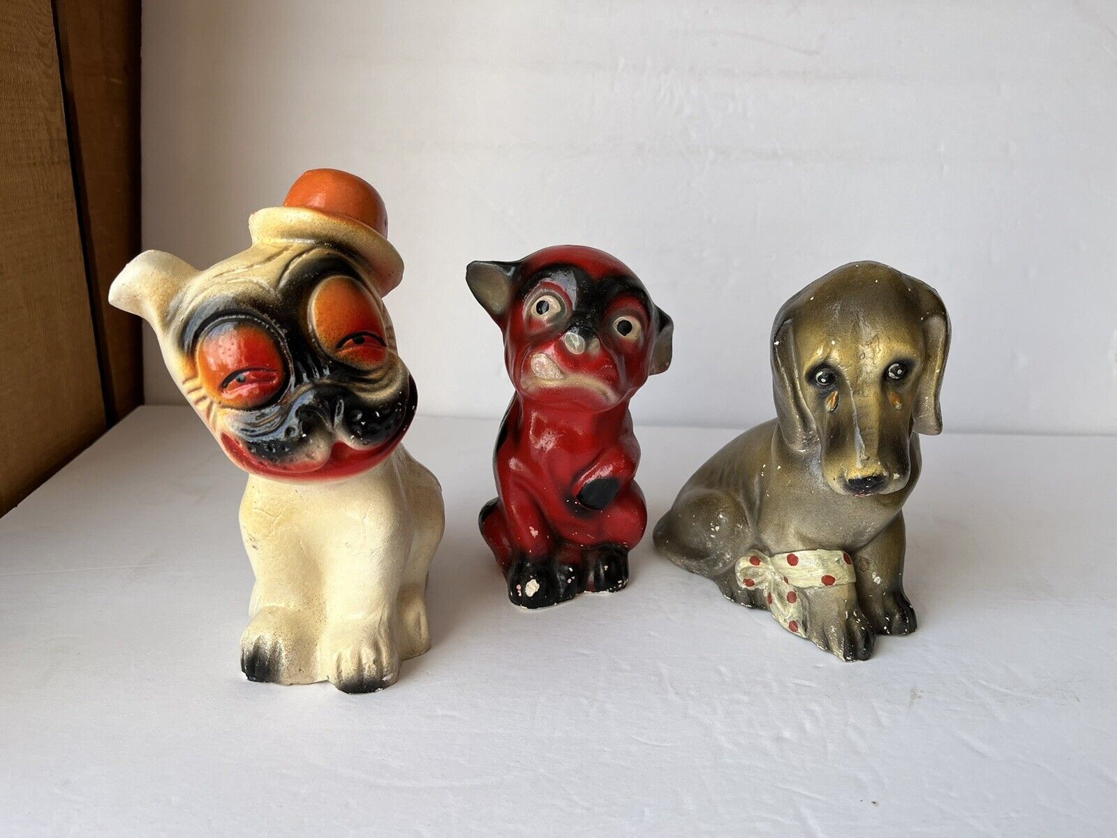 3 Adorable Vintage Chalkware DOGS Circus Bulldog Hat Chalk Dachshund Figurine